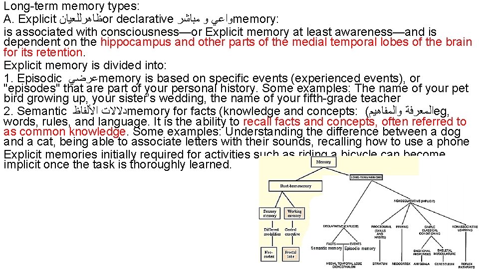 Long term memory types: A. Explicit ﻇﺎﻫﺮﻟﻠﻌﻴﺎﻥ or declarative ﻭﺍﻋﻲ ﻭ ﻣﺒﺎﺷﺮ memory: is