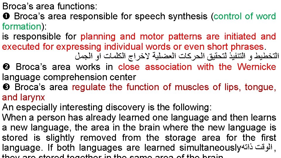 Broca’s area functions: Broca’s area responsible for speech synthesis (control of word formation): is
