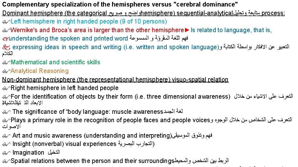 Complementary specialization of the hemispheres versus "cerebral dominance" Dominant hemisphere (the categorical ﻭﺍﺿﺢ ﻭ