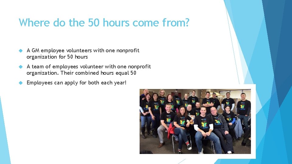Where do the 50 hours come from? A GM employee volunteers with one nonprofit Where do the 50 hours come from? A GM employee volunteers with one nonprofit