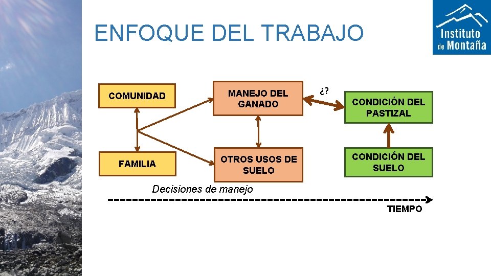 ENFOQUE DEL TRABAJO COMUNIDAD MANEJO DEL GANADO FAMILIA OTROS USOS DE SUELO ¿? CONDICIÓN