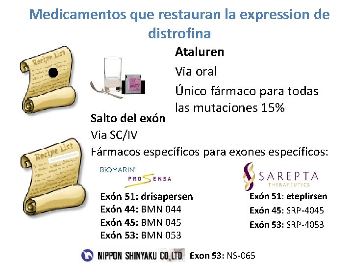 Medicamentos que restauran la expression de distrofina Ataluren Via oral Único fármaco para todas