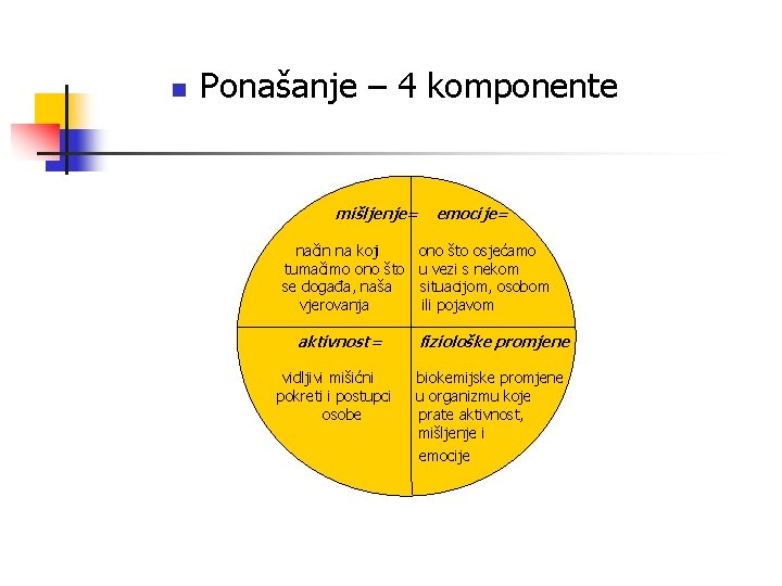 n Ponašanje – 4 komponente mišljenje= emocije= način na koji ono što osjećamo tumačimo