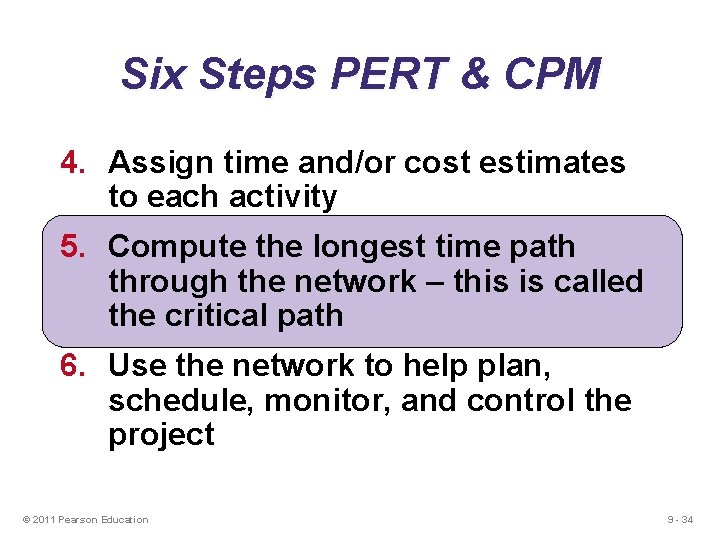 Six Steps PERT & CPM 4. Assign time and/or cost estimates to each activity