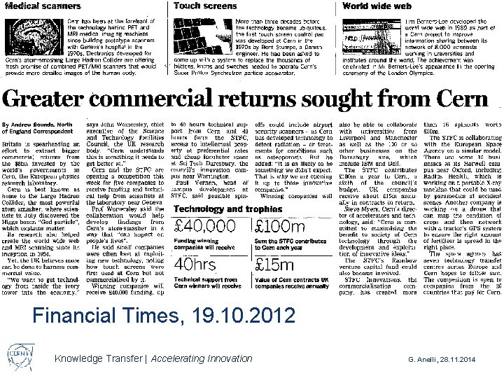 Financial Times, 19. 10. 2012 Knowledge Transfer | Accelerating Innovation G. Anelli, 28. 11.