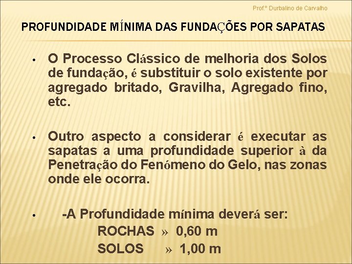 Prof. º Durbalino de Carvalho PROFUNDIDADE MÍNIMA DAS FUNDAÇÕES POR SAPATAS • O Processo