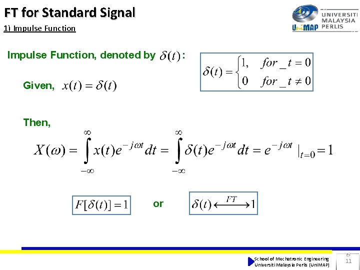 FT for Standard Signal 1) Impulse Function, denoted by : Given, Then, or School