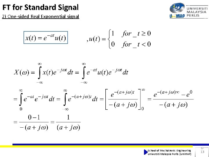 FT for Standard Signal 2) One-sided Real Exponential signal School of Mechatronic Engineering Universiti