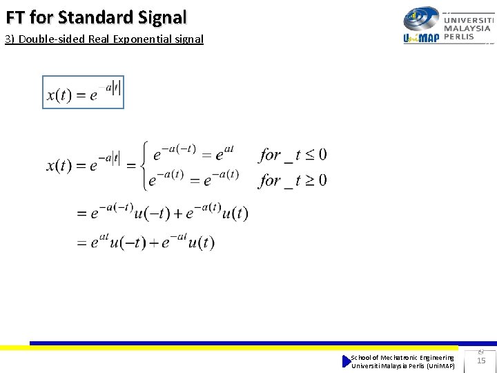 FT for Standard Signal 3) Double-sided Real Exponential signal School of Mechatronic Engineering Universiti