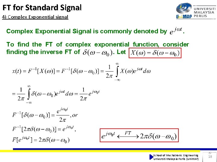 FT for Standard Signal 4) Complex Exponential signal Complex Exponential Signal is commonly denoted