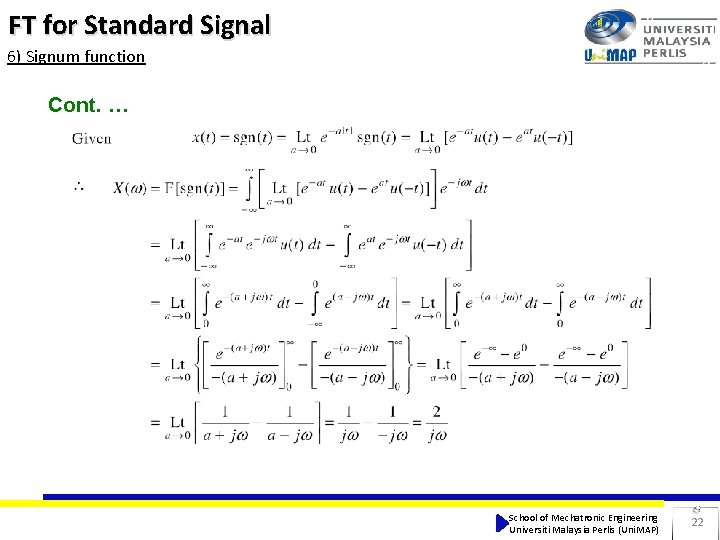 FT for Standard Signal 6) Signum function Cont. … School of Mechatronic Engineering Universiti