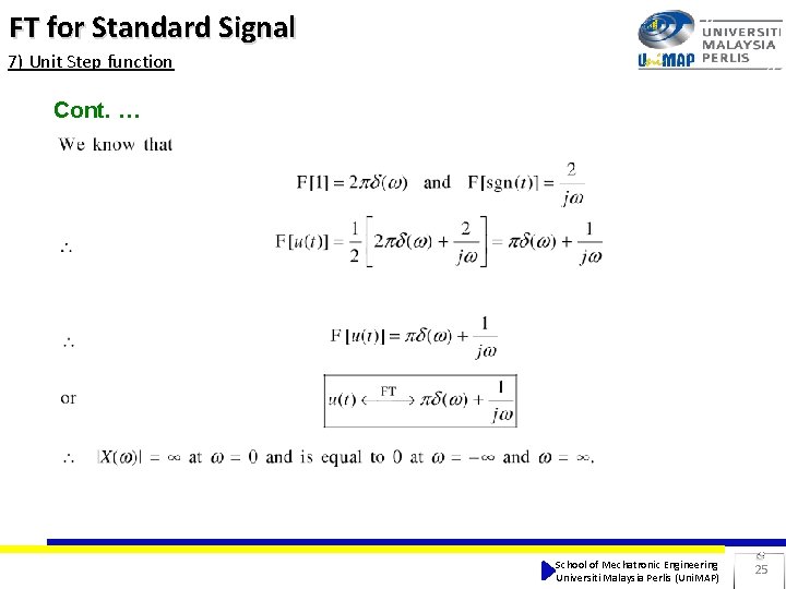 FT for Standard Signal 7) Unit Step function Cont. … School of Mechatronic Engineering