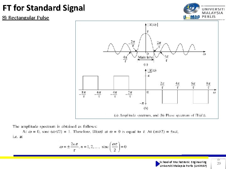 FT for Standard Signal 8) Rectangular Pulse School of Mechatronic Engineering Universiti Malaysia Perlis