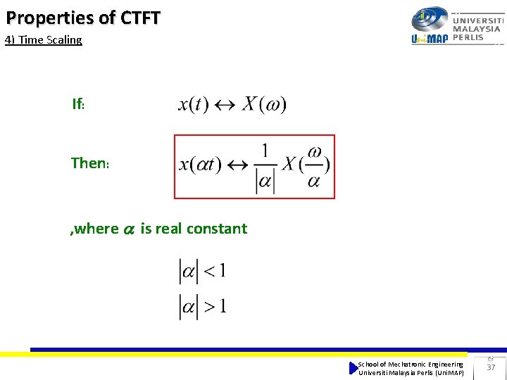 Properties of CTFT 4) Time Scaling If: Then: , where is real constant School