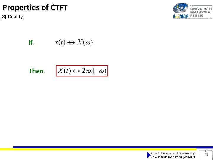 Properties of CTFT 8) Duality If: Then: School of Mechatronic Engineering Universiti Malaysia Perlis