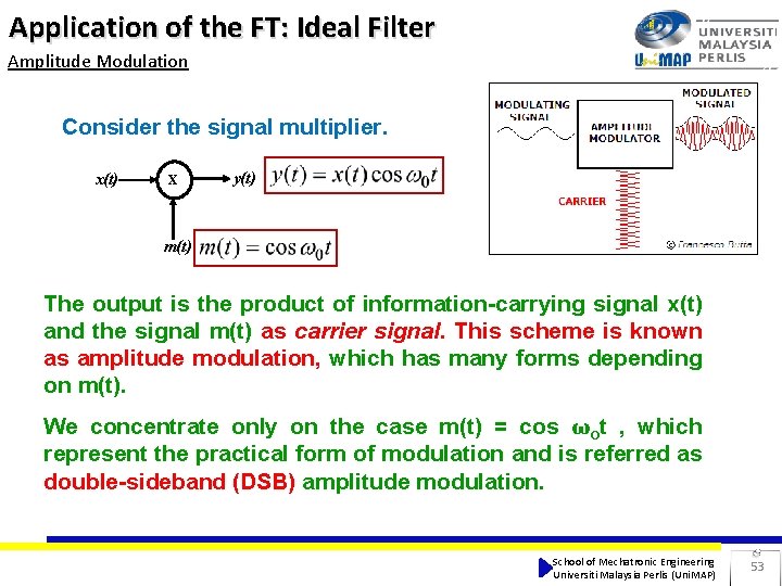 Application of the FT: Ideal Filter Amplitude Modulation Consider the signal multiplier. x(t) X