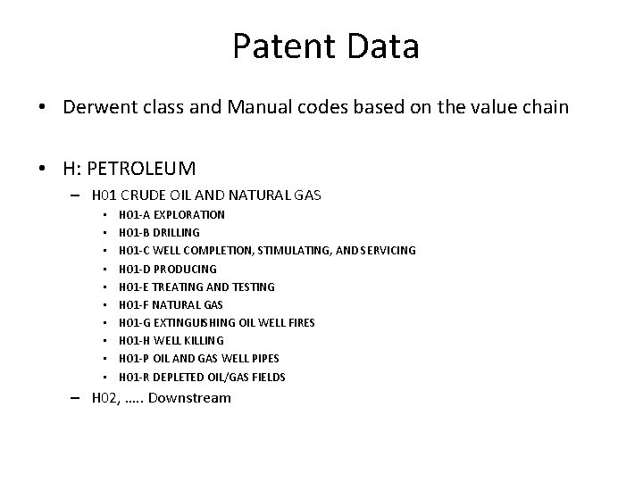 Patent Data • Derwent class and Manual codes based on the value chain •