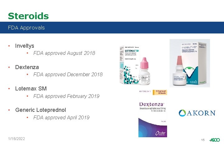 Steroids FDA Approvals • Inveltys • FDA approved August 2018 • Dextenza • FDA