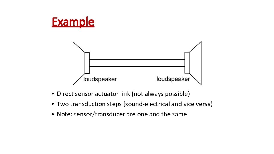 Example • Direct sensor actuator link (not always possible) • Two transduction steps (sound-electrical