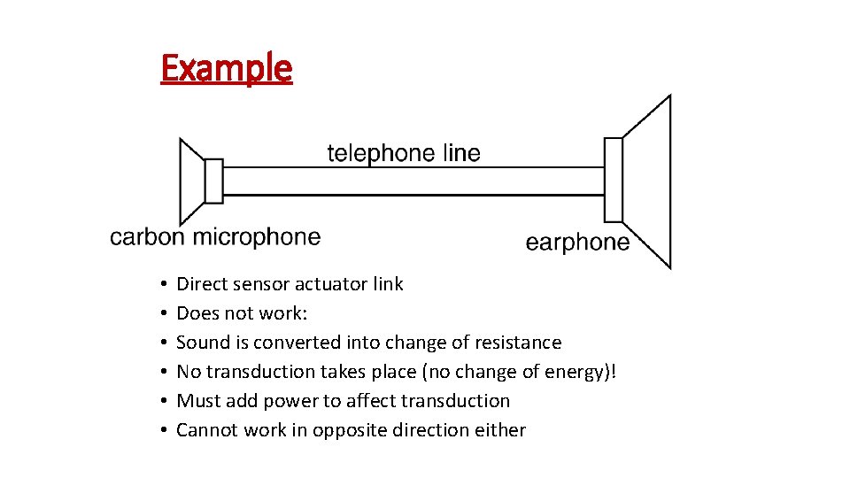 Example • • • Direct sensor actuator link Does not work: Sound is converted