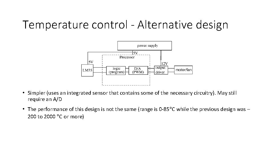Temperature control - Alternative design • Simpler (uses an integrated sensor that contains some