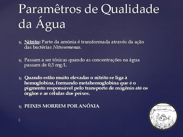 Paramêtros de Qualidade da Água 8 Nitrito: Parte da amônia é transformada através da