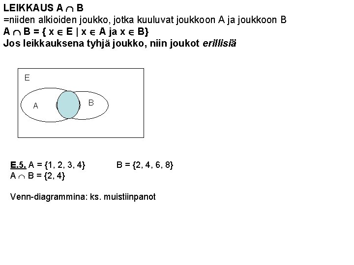 LEIKKAUS A B =niiden alkioiden joukko, jotka kuuluvat joukkoon A ja joukkoon B A