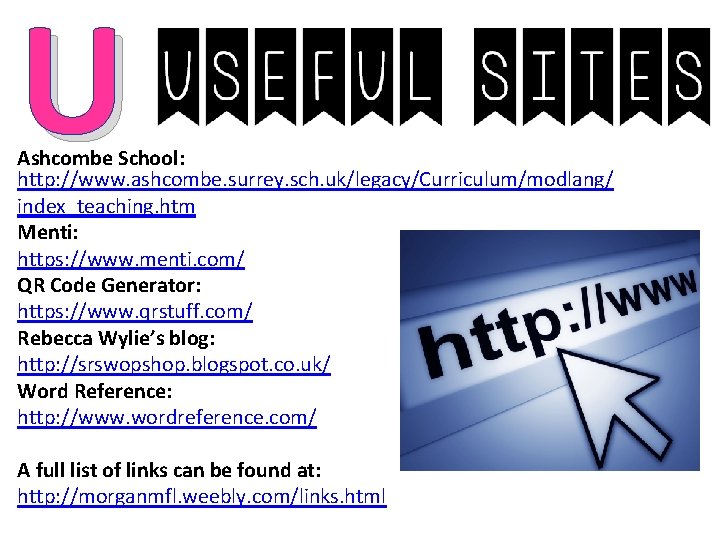 U Ashcombe School: http: //www. ashcombe. surrey. sch. uk/legacy/Curriculum/modlang/ index_teaching. htm Menti: https: //www.
