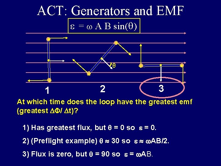 ACT: Generators and EMF e = A B sin(q) • • • x θ ACT: Generators and EMF e = A B sin(q) • • • x θ