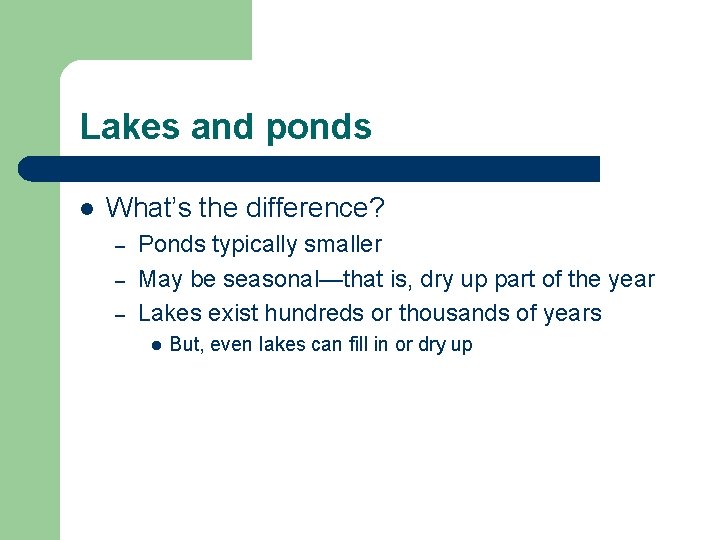 Lakes and ponds l What’s the difference? – – – Ponds typically smaller May