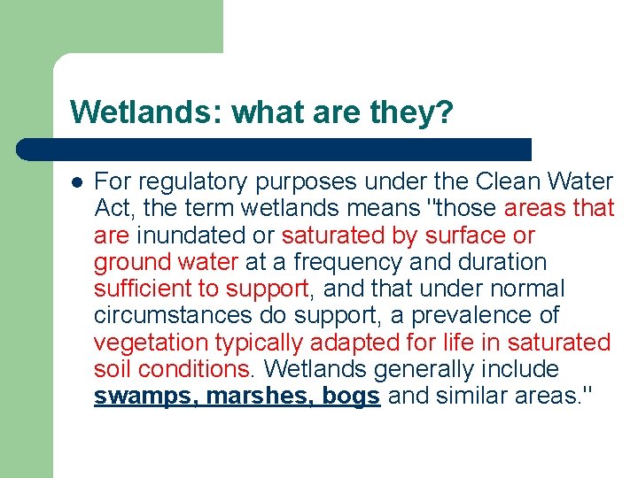 Wetlands: what are they? l For regulatory purposes under the Clean Water Act, the