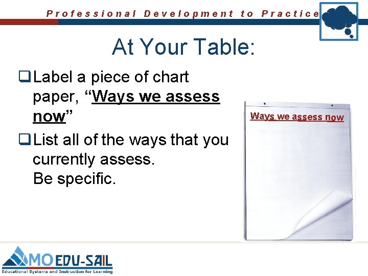 Professional Development to Practice At Your Table: q Label a piece of chart paper,