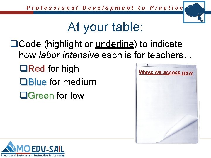 Professional Development to Practice At your table: q Code (highlight or underline) to indicate