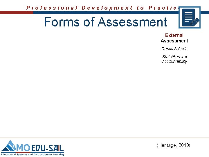 Professional Development to Practice Forms of Assessment External Assessment Ranks & Sorts State/Federal Accountability