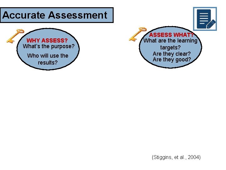 Accurate Assessment WHY ASSESS? What’s the purpose? Who will use the results? ASSESS WHAT?