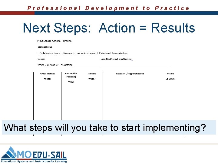 Professional Development to Practice Next Steps: Action = Results What steps will you take