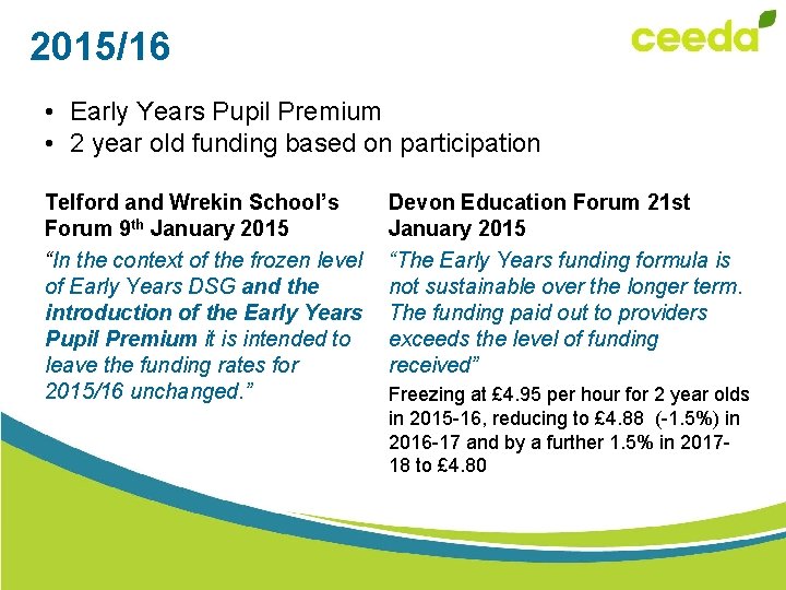 2015/16 • Early Years Pupil Premium • 2 year old funding based on participation