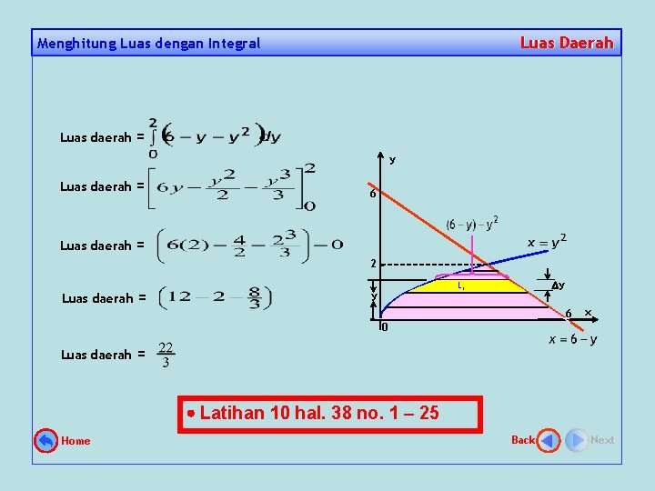 Luas Daerah Menghitung Luas dengan Integral Luas daerah = y Luas daerah = 6