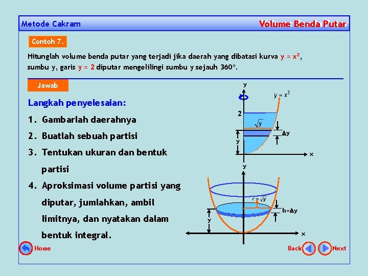 Volume Benda Putar Volume Metode Cakram Contoh 7. Hitunglah volume benda putar yang terjadi