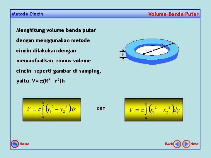 Volume Benda Putar Metode Cincin Menghitung volume benda putar dengan menggunakan metode R cincin