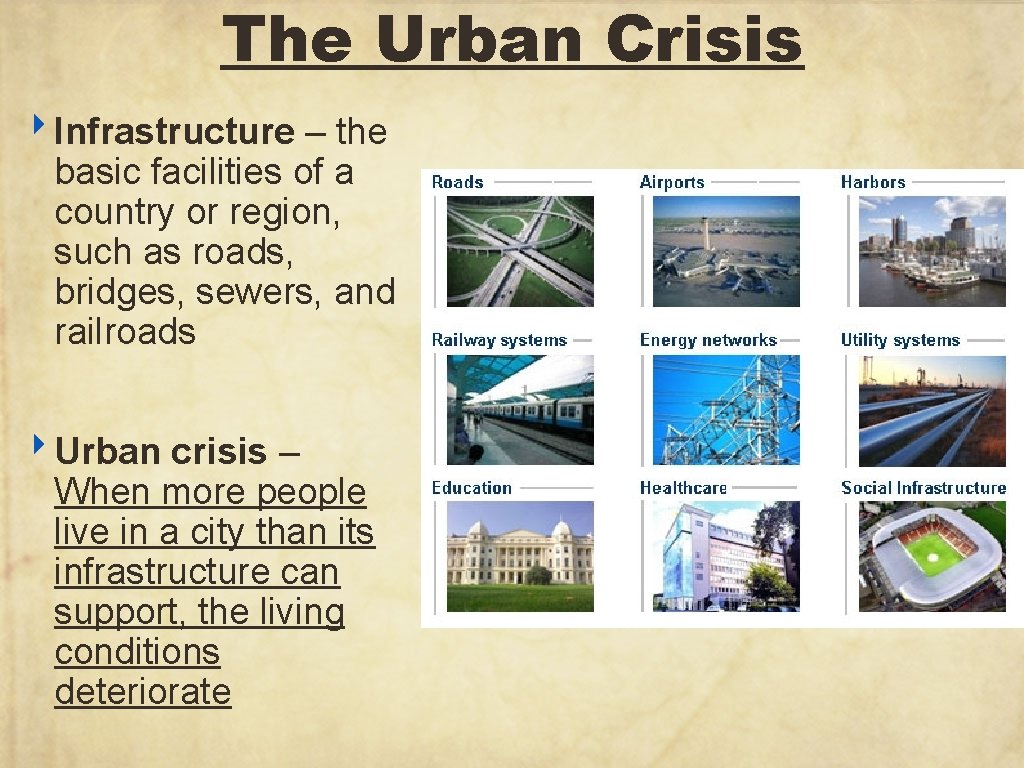 The Urban Crisis ‣ Infrastructure – the basic facilities of a country or region,