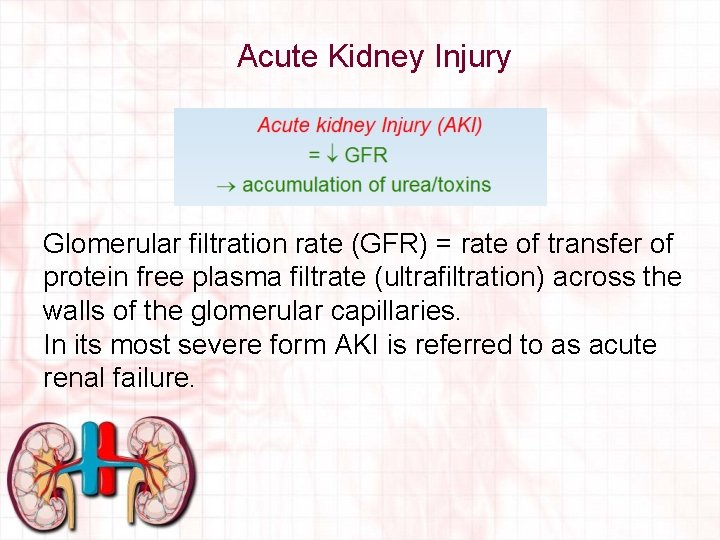 Acute Kidney Injury Glomerular filtration rate (GFR) = rate of transfer of protein free