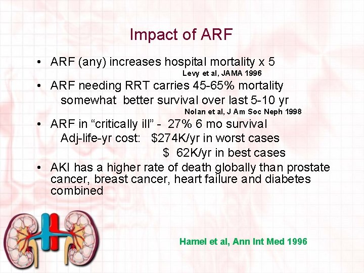 Impact of ARF • ARF (any) increases hospital mortality x 5 Levy et al,