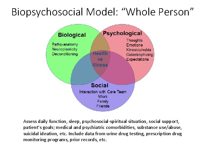 Biopsychosocial Model: “Whole Person” Assess daily function, sleep, psychosocial-spiritual situation, social support, patient’s goals;