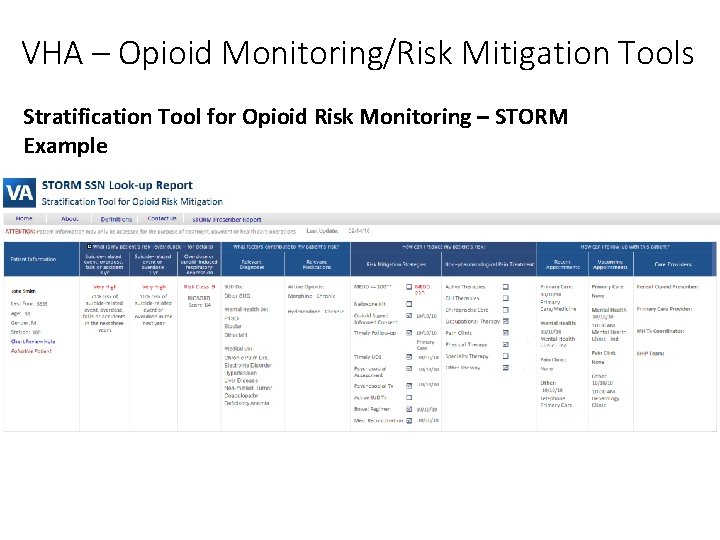 VHA – Opioid Monitoring/Risk Mitigation Tools Stratification Tool for Opioid Risk Monitoring – STORM