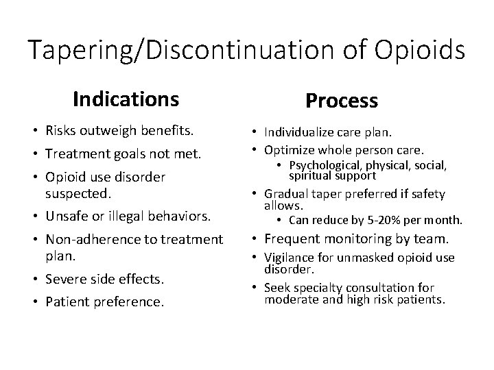 Tapering/Discontinuation of Opioids Indications • Risks outweigh benefits. • Treatment goals not met. •