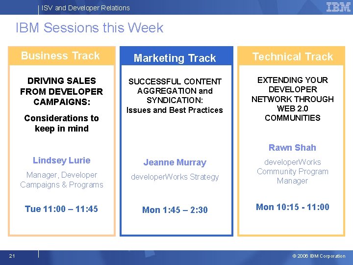 ISV and Developer Relations IBM Sessions this Week Business Track Marketing Track Technical Track