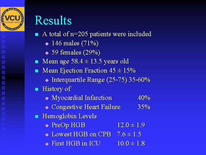 Results n n n A total of n=205 patients were included u 146 males