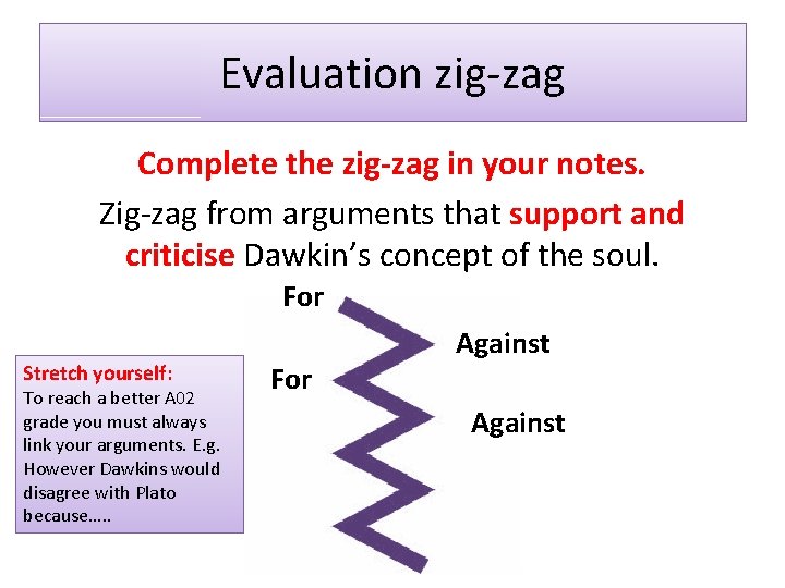Evaluation zig-zag Complete the zig-zag in your notes. Zig-zag from arguments that support and
