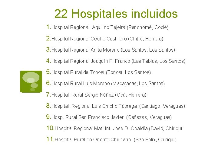 22 Hospitales incluidos 1. Hospital Regional Aquilino Tejeira (Penonomé, Coclé) 2. Hospital Regional Cecilio
